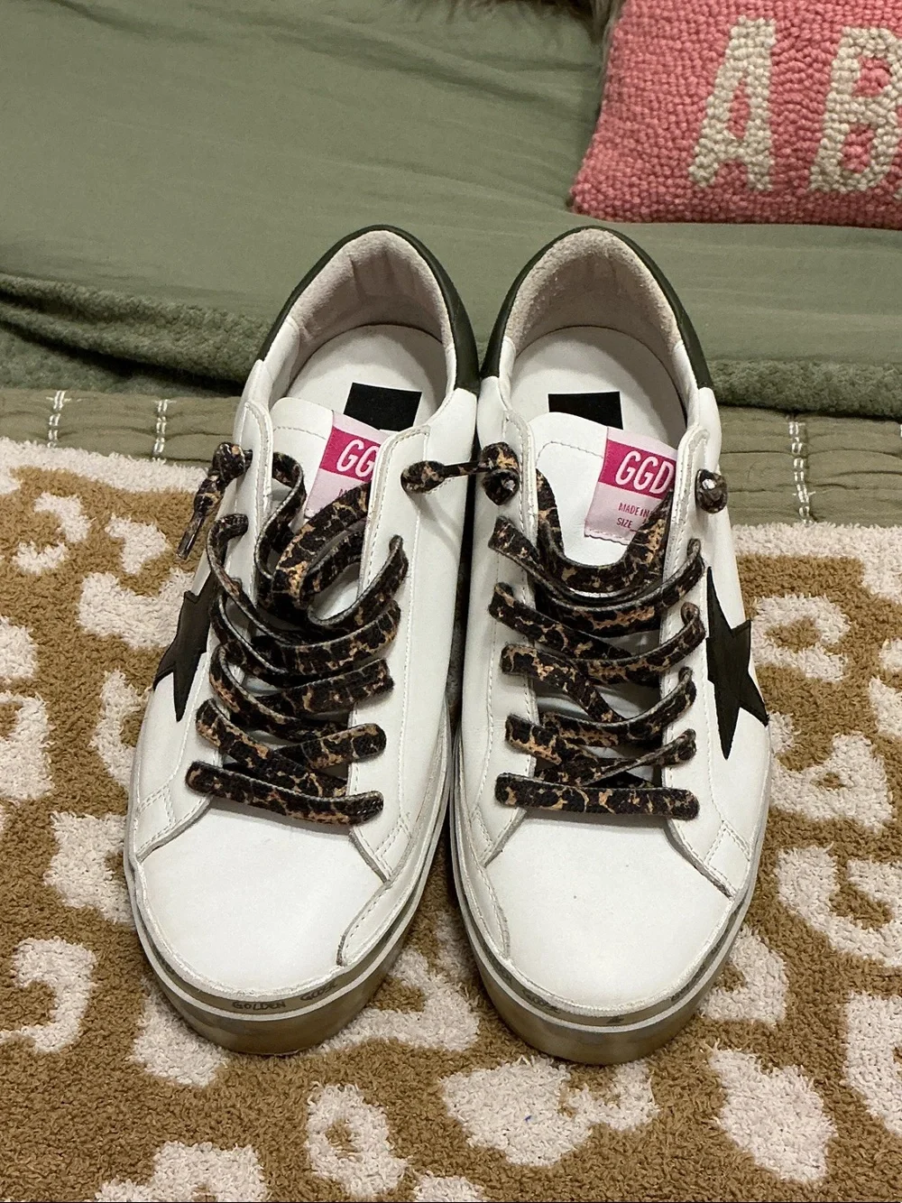 Golden Goose White Sneakers with Black Star and Green Heel